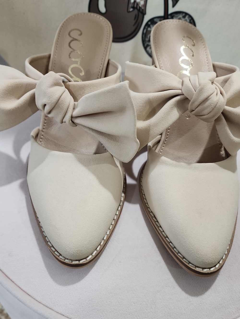 Bow-Accent Slip-On Mules - Beige